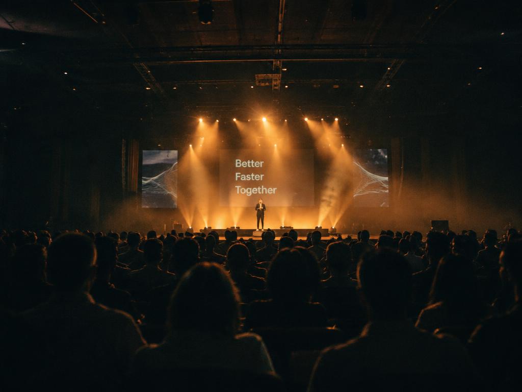 Placeholder — conference hall with stage lighting